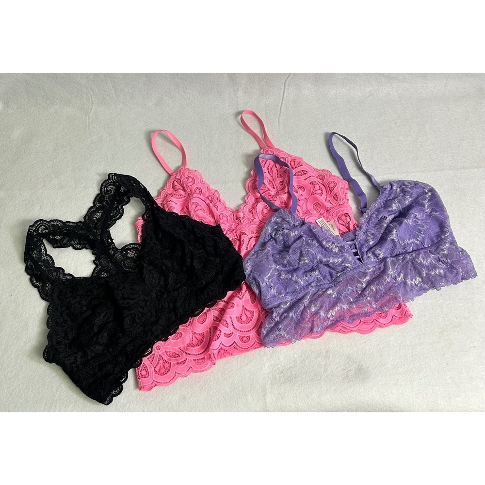 Sexy Lace Bralette Lot Aerie Auden Womens Large Pink Purple Black Floral 3pc Set